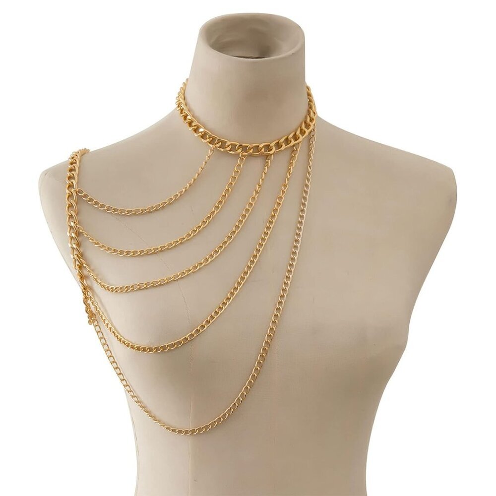 Women Gold Layered Body Chain Jewelry Multi Row Shoulder Necklace Choker - Picture 6 of 7
